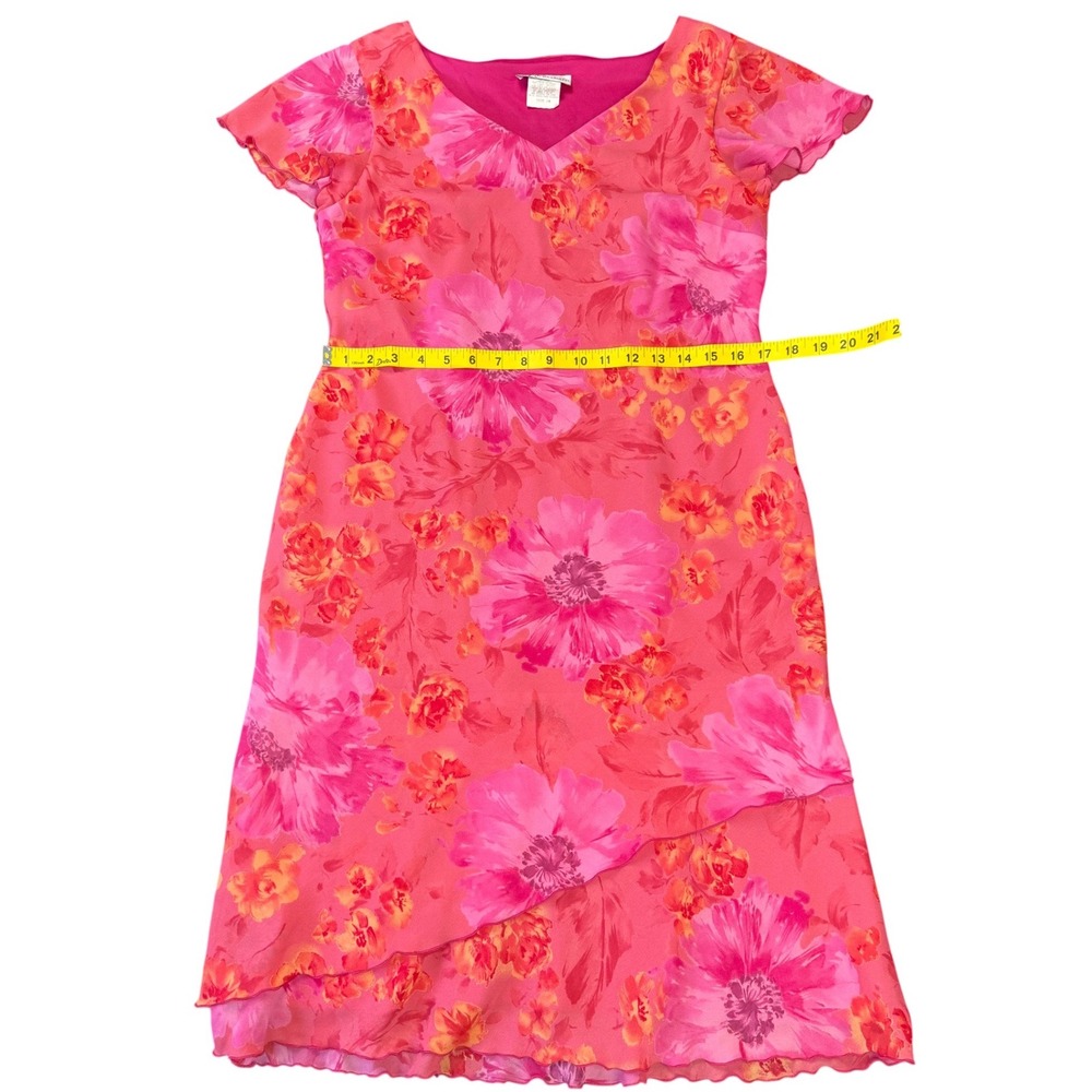 Dressbarn Pink Floral Chiffon Midi‎ Dress V Neck Layered Size 10 - Picture 5 of 7